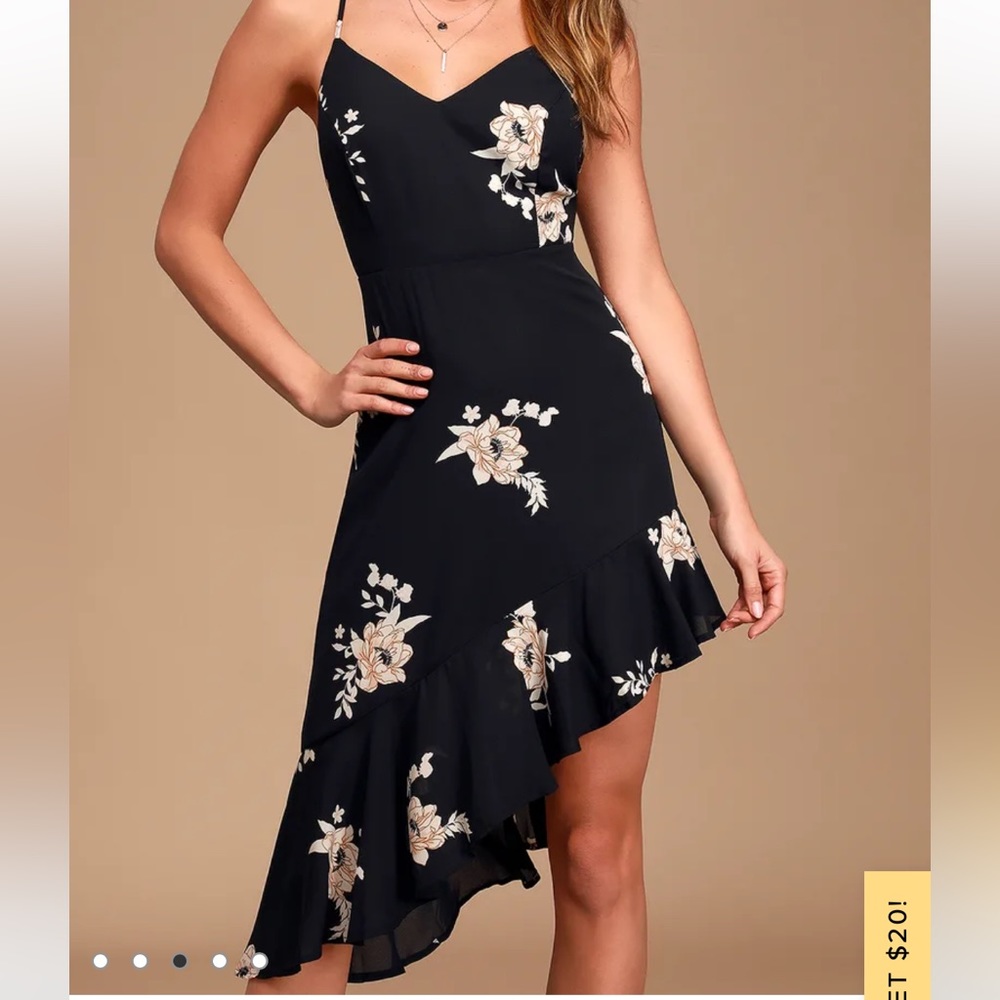 lulus floral for one black floral print asymmetrical midi dress - xs